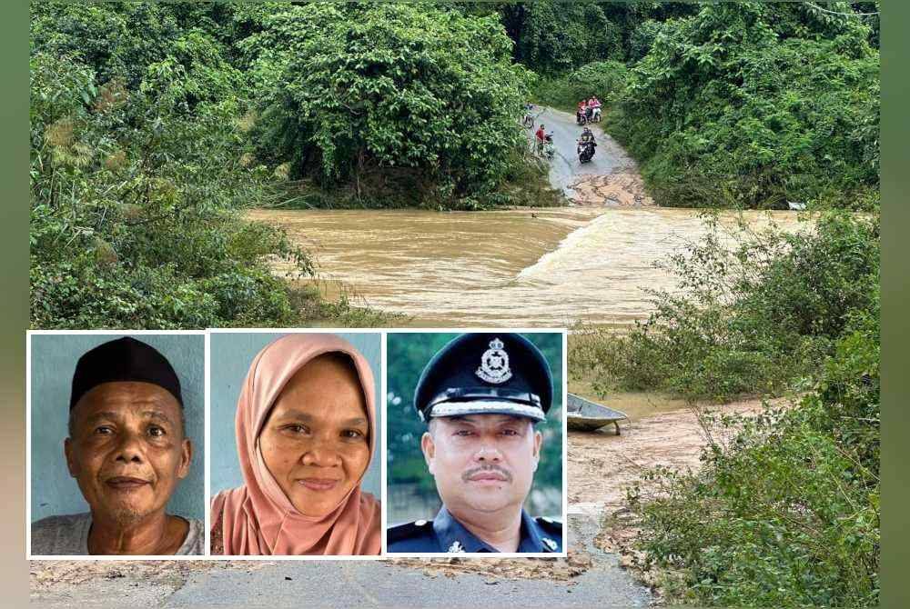Salah satu daripada empat jalan kampung yang ditenggelami air pada Jumaat. Gambar kecil: Abdul Ghani, Sawiah, Kamarulzaman