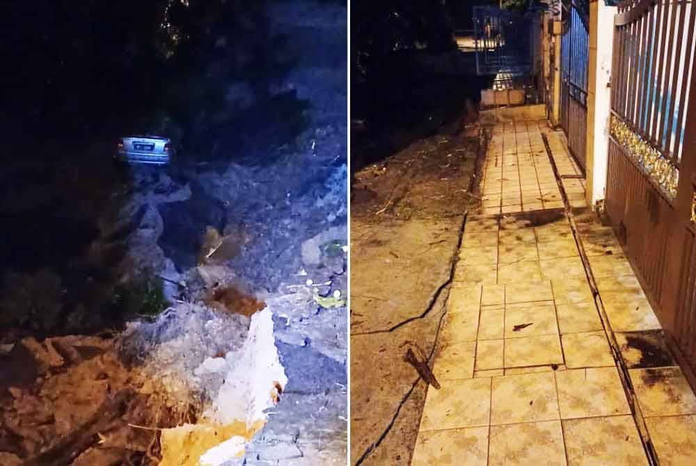 Keadaan tanah runtuh di hadapan sebuah daripada rumah teres di Jalan Wawasan di Puchong, Selangor pada Sabtu. Foto: JBPM Selangor