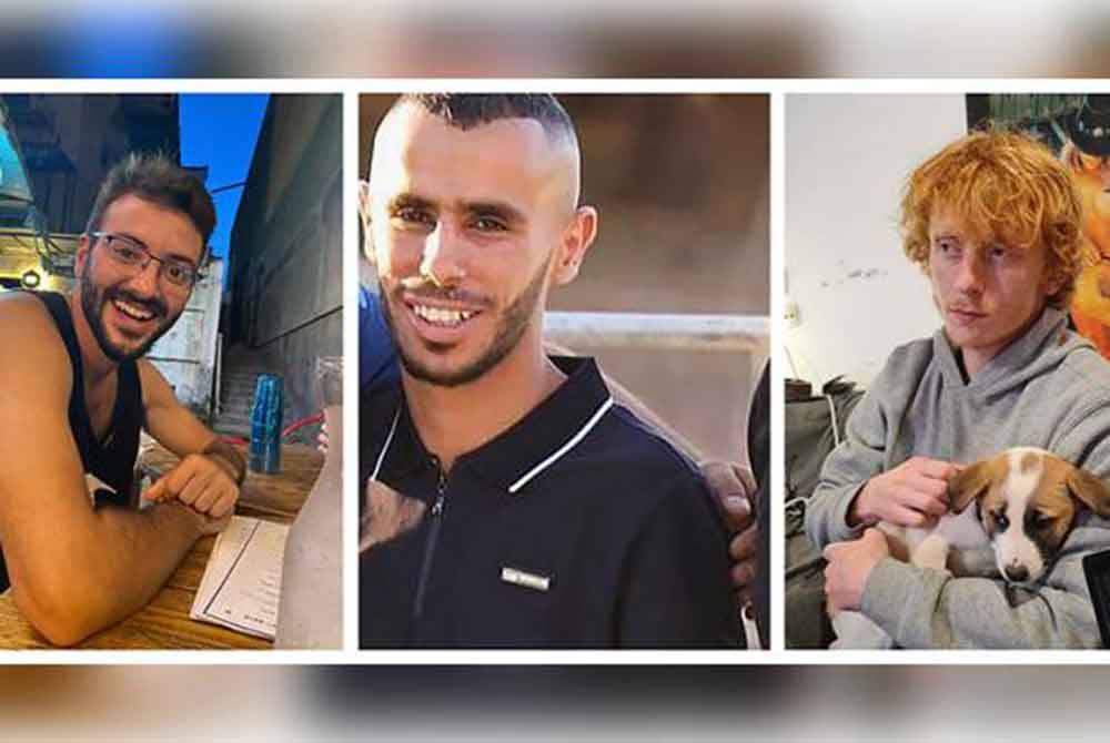 Tiga tebusan yang dubunuh oleh tentera Israel dikenal pasti sebagai (dari kiri ke kanan) Yotam Haim, Alon Shamriz dan Samer Talalka.