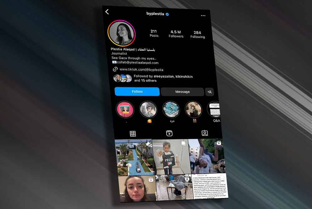 Plestia menjadikan Instagram sebagai menjadi platform untuk menyampaikan perkembangan perang Gaza.