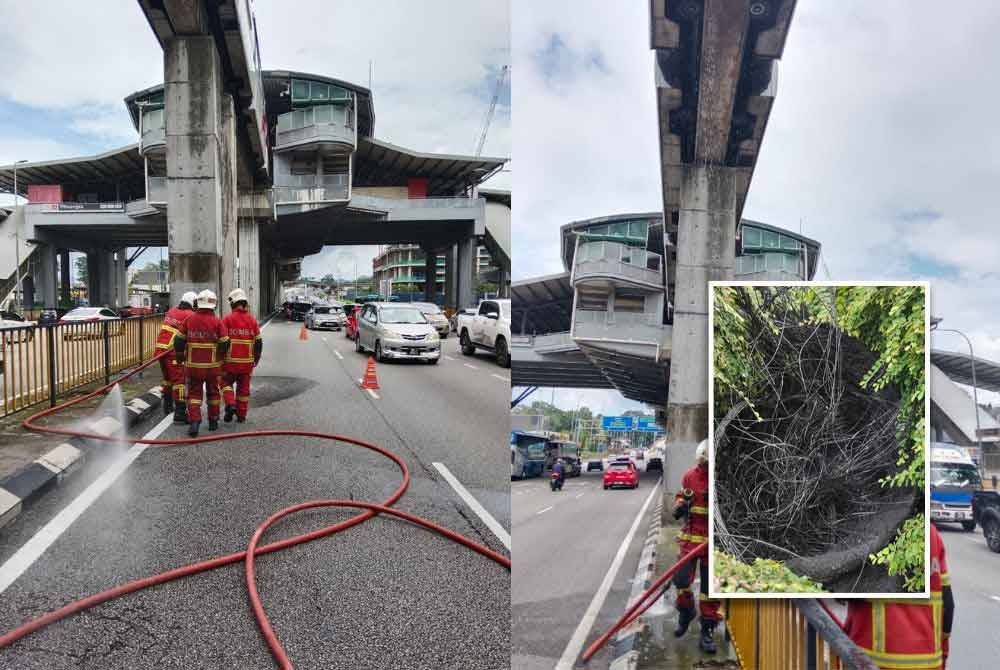 Anggota bomba sedang memadamkan kebakaran tayar monorel yang terbakar selepas terjatuh dalam kejadian di laluan Stesen Monorel Titiwangsa, Jalan Tun Razak dekat sini pada Selasa. Gambar kecil: Keadaan tayar monorel yang terbakar selepas terjatuh dalam kejadian berdekatan Jalan Tun Razak dekat sini pada Selasa.