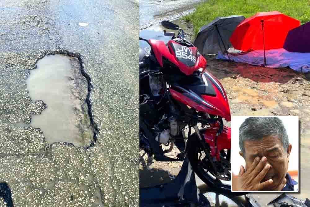 Lubang dipercayai yang mengakibatkan kemalangan Allahyarham. Keadaan motosikal Allahyarham Mohamad Fitri yang maut dalam kemalangan di Jalan Mantin- Beranang pada jam 9.30 pagi Rabu. Gambar kecil: (Abdul Sani) tidak dapat menahan sebak mencerutakan kemalangan menimpa anaknya