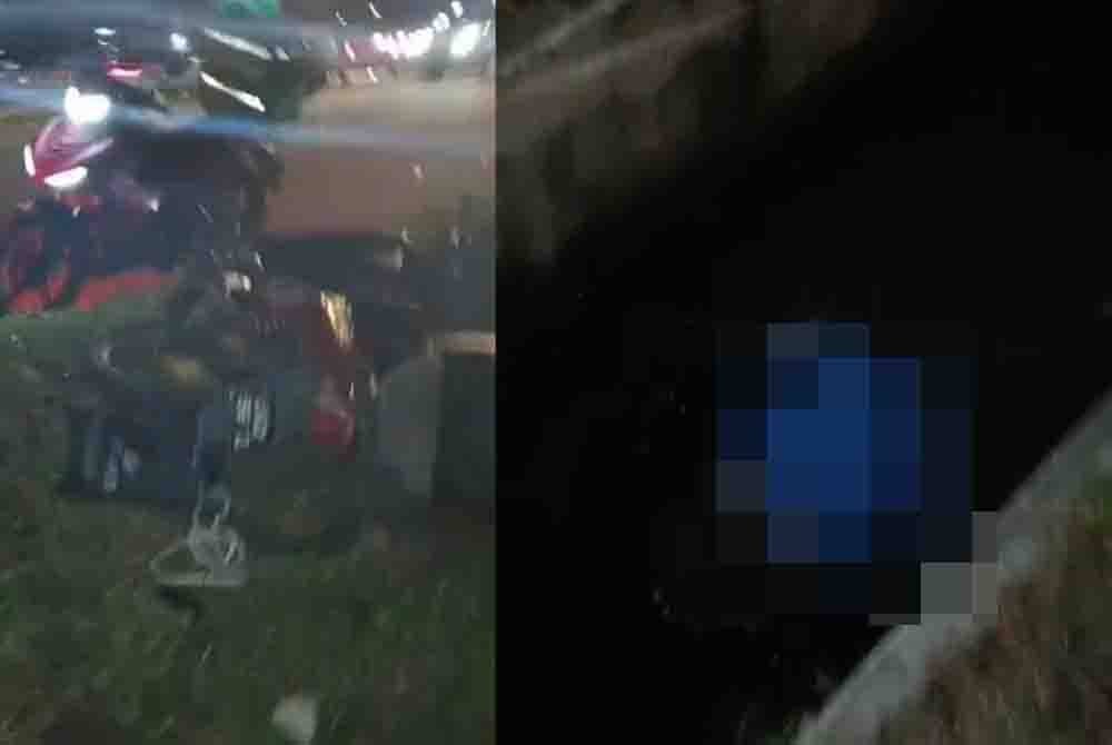 Mangsa tercampak ke dalam longkang selepas motosikal ditunggang hilang kawalan dan terbabas di Kilometer (KM) 10, Lebuh Raya Pasir Gudang-Perling menghala ke Pasir Gudang pada Selasa.