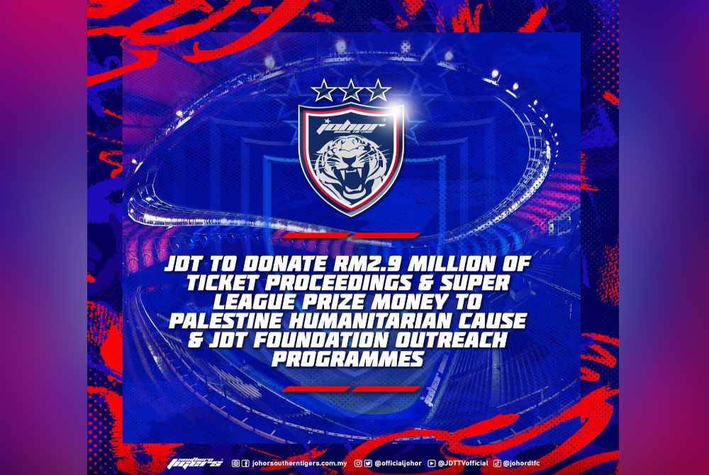 Makluman sumbangan JDT buat Palestin dan aktiviti kebajikan menerusi Facebook Johor Southern Tigers pada Jumaat.