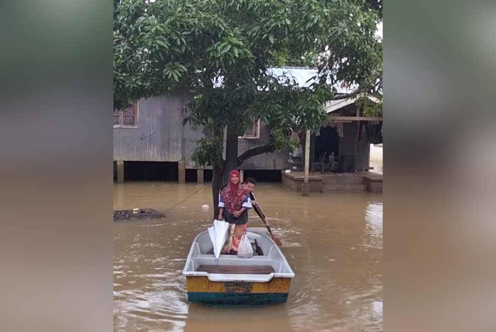 Sanah menaiki bot sejauh 20 meter untuk keluar memberi makan lembu peliharaannya.