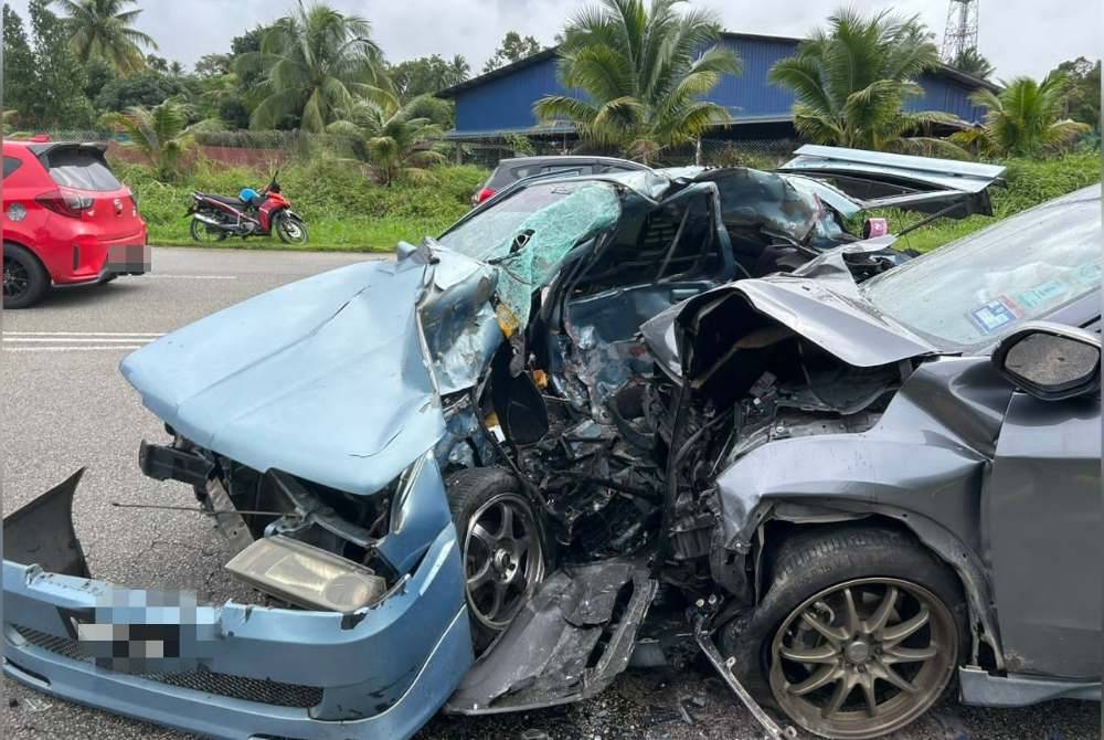 Keadaan kereta dan SUV yang terbabit nahas mengorbankan satu nyawa di Jalan Sungai Lembing di sini pada Ahad.