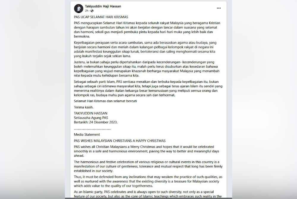 Tangkap layar ucapan Selamat Hari Krismas daripada Takiyuddin menerusi akaun Facebook miliknya pada Ahad.