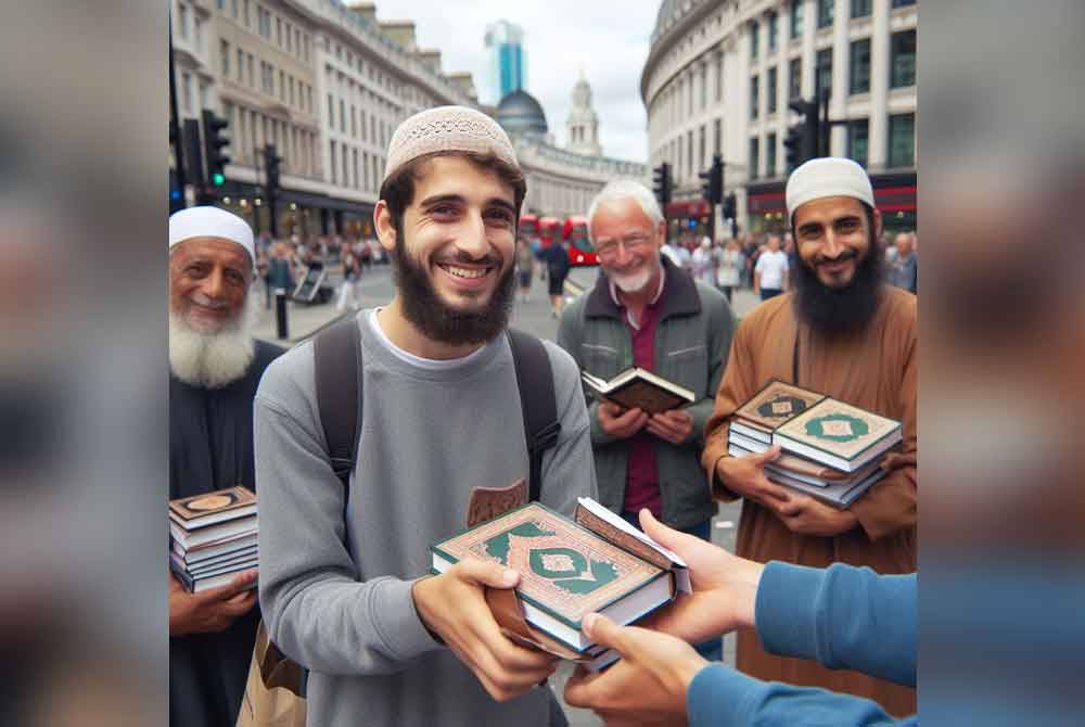 Kebelakangan ini, kios yang mengedar tafsir al-Quran percuma di UK menjadi amat popular dan cepat sekali kehabisan stok. - Foto AI