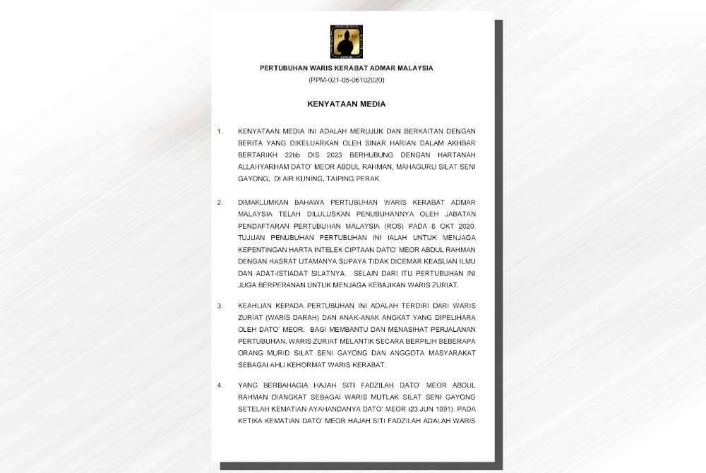 Kenyataan media Pertubuhan Waris Kerabat Admar Malaysia pada Ahad berkaitan isu kediaman Meor Abdul Rahman yang terbiar di Jalan Air Kuning, Taiping.