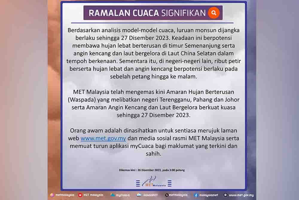 Ramalan cuaca signifikan oleh MetMalaysia.