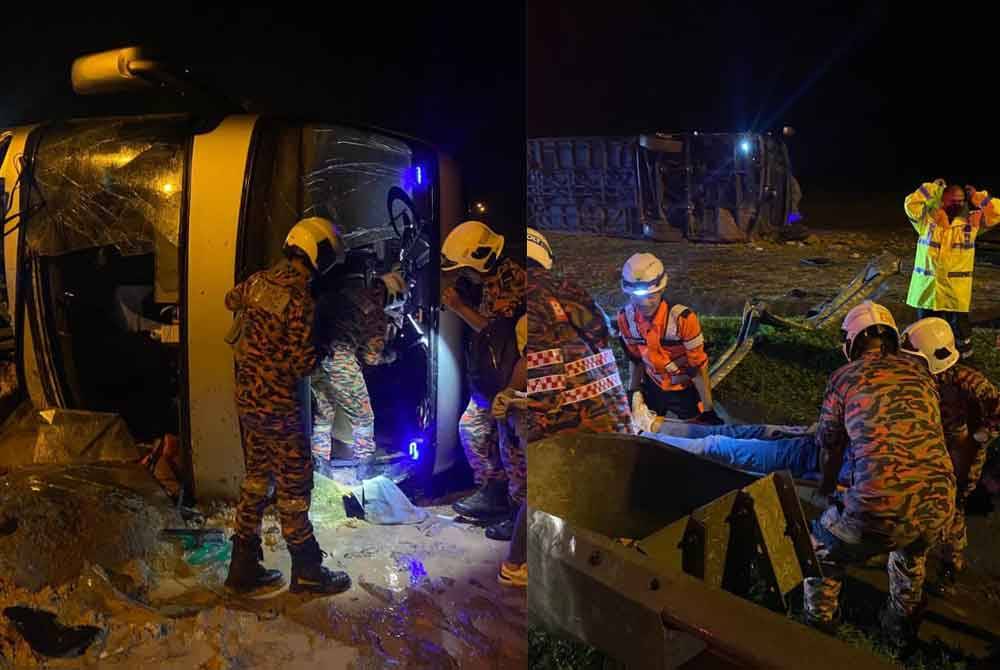 Bas ekspres terbabas dan terbalik di kilometer 41.5 Lebuhraya Utara-Selatan arah utara, awal pagi Rabu. - Foto bomba