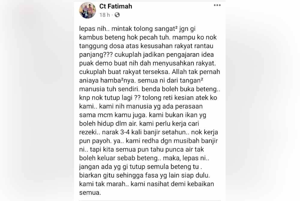 
Seorang pengguna Facebook, Ct Fatimah melalui hantarannya merayu pihak terbabit supaya benteng yang pecah dibiarkan begitu dan tidak ditutup semula.