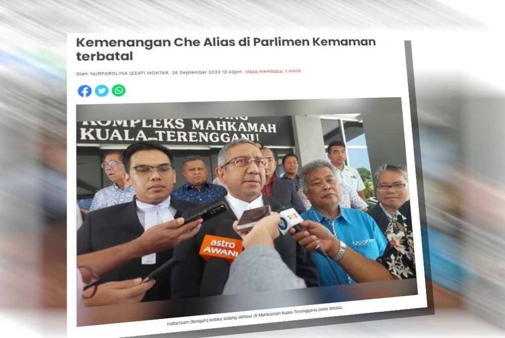 
Mahkamah Pilihan Raya Terengganu membenarkan petisyen Barisan Nasional (BN) yang difailkan terhadap Che Alias, sekali gus membatalkan kemenangan yang dicapai Pas dalam PRU15 di Parlimen Kemaman.