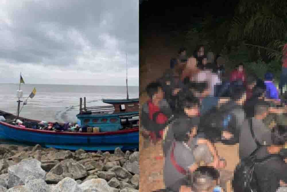 Gambar kiri: Bot dipercayai dinaiki 60 PATI ditemukan tersadai di Bagan Sungai Tiang dekat Selekoh, Bagan Datuk. Gambar kanan: Seramai 60 PATI ditahan polis selepas bersembunyi di kawasan kebun kelap sawit di Bagan Sungai Tiang, Bagan Datuk. - Foto ihsan pembaca