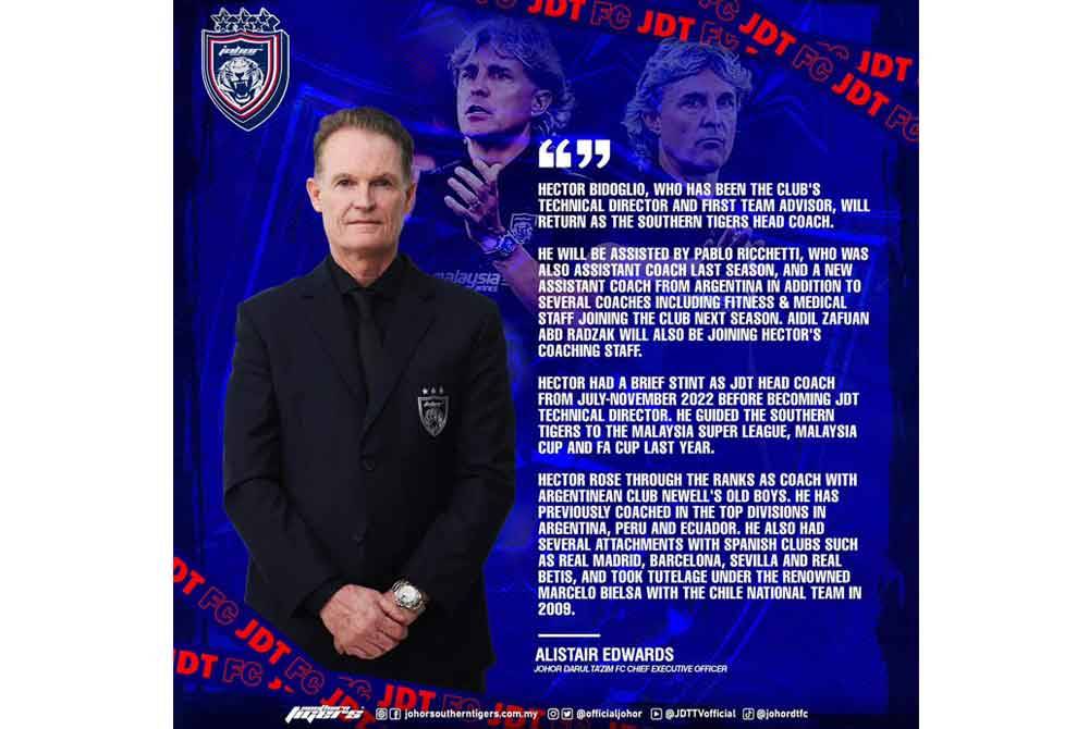 Kenyataan media JDT mengumumkan pelantikan Bidoglio sebagai jurulatih baharu skuad Harimau Selatan. Foto: FB Johor Southern Tigers