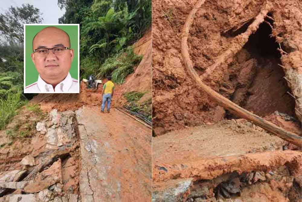 Keadaan tanah runtuh di beberapa lokasi di laluan dari Lembah Bertam ke Pos Lemoi di Cameron Highlands yang telah menyebabkan gangguan perkhidmatan komunikasi susulan kabel gentian optik terputus. - Foto: FB Fadzli Kamal (Gambar kecil: Fadzli Mohamad Kamal)