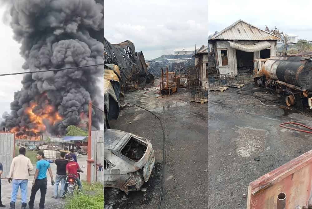 Api marak dan asap hitam menyelubungi tempat kejadian selepas sebuah gudang yang menyimpan bahan pencair dan barangan pertukangan terbakar pada Sabtu.