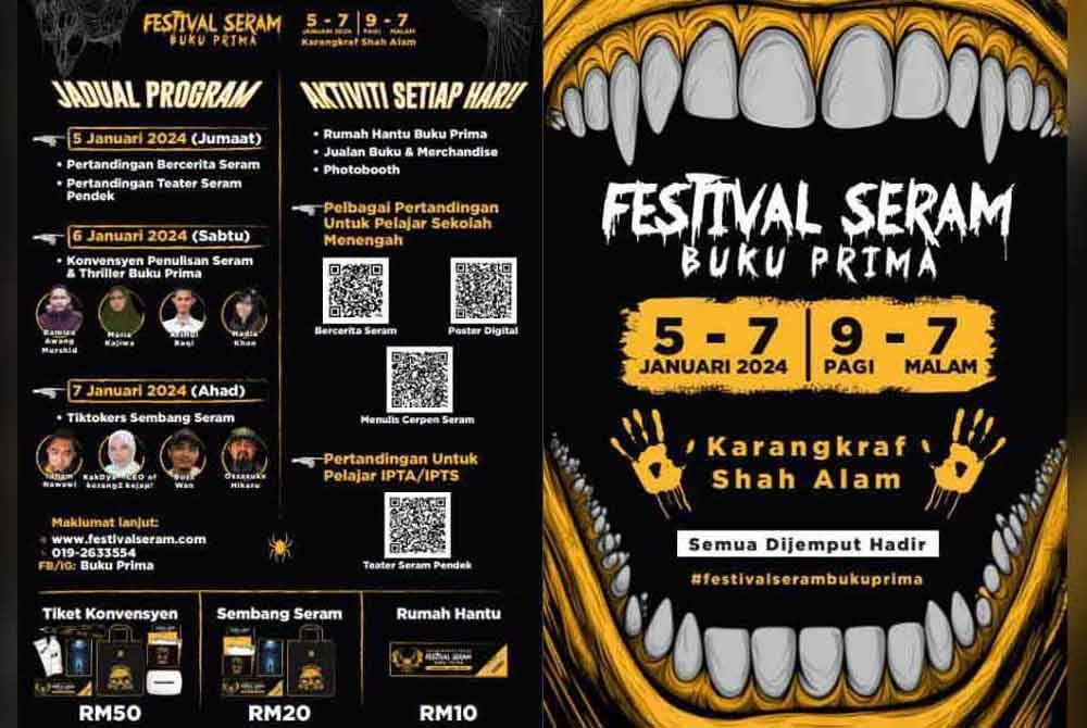 Festival Seram Buku Prima 2024 bakal berlangsung di Kompleks Kumpulan Karangkraf, Seksyen 15 dekat sini pada 5 hingga 7 Januari depan.