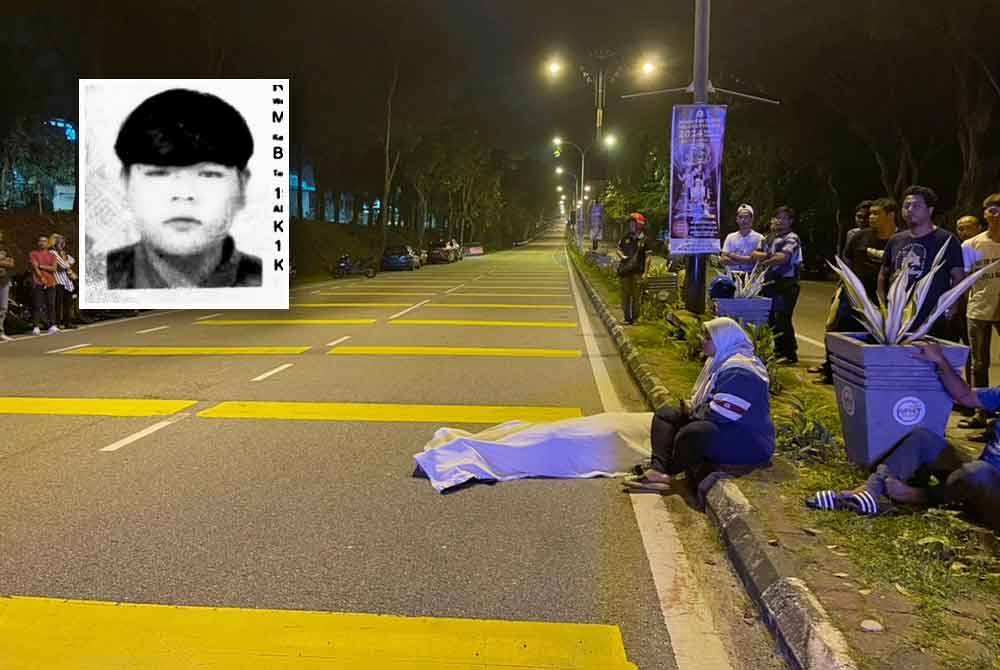 Mayat Mohamad Farhan Hakimi yang disahkan meninggal dunia di tempat kejadian. Gambar kecil: Mohamad Farhan Hakimi