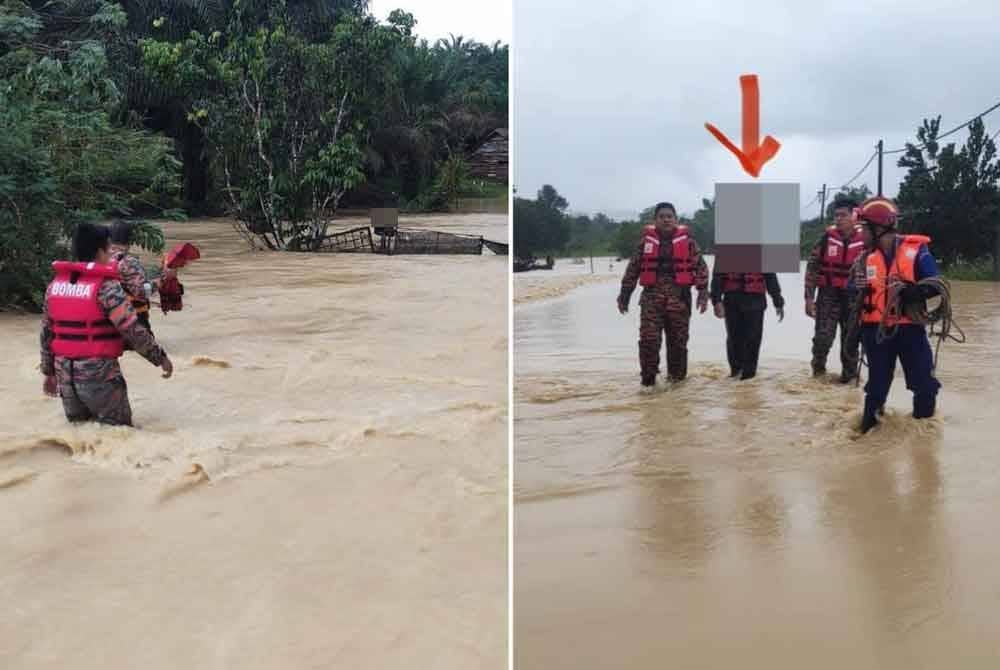 Anggota bomba ketika menyelamatkan mangsa yang hanyut dibawa arus banjir (kiri), Mangsa diiringi anggota bomba ke lokasi yang selamat. - Foto BBP Mersing