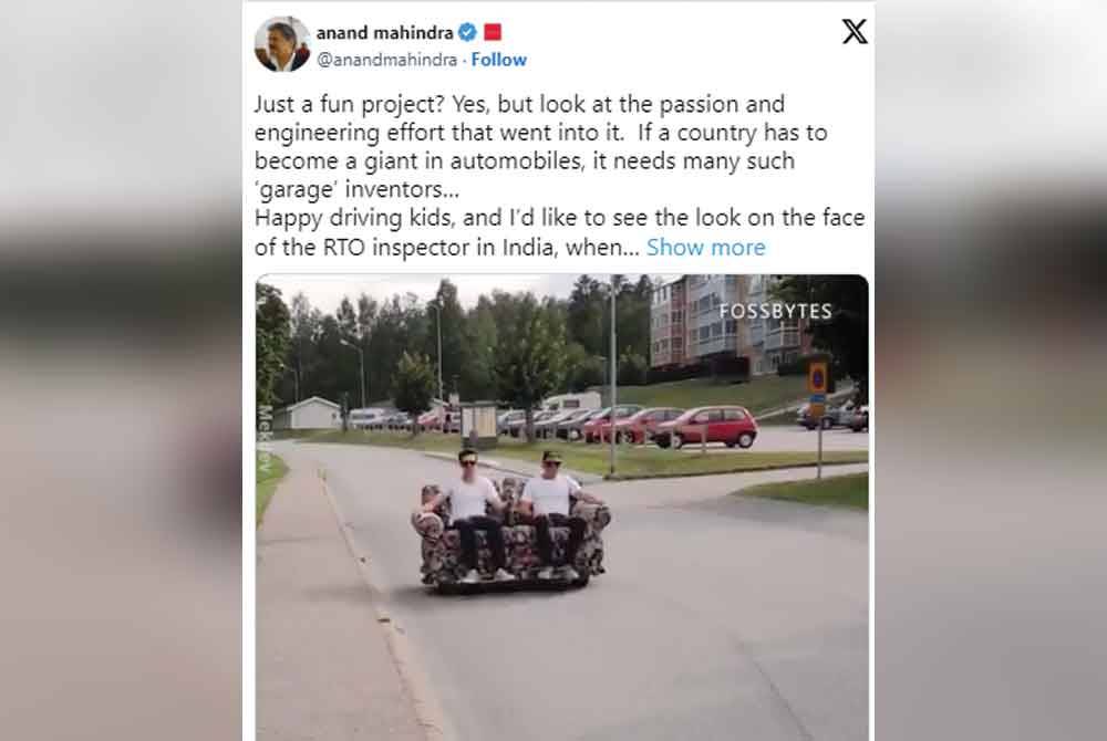 Mahindra memuji kreativiti dua anak muda mereka sofa menjadi kenderaan ringkas boleh dipandu di jalan raya. - Agensi