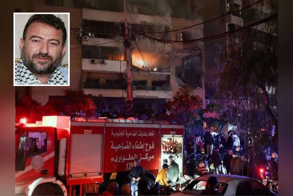 Serangan dron yang meragut nyawa al-Arouri (gambar kecil) di daerah Dahiyeh di pinggir Beirut pada Selasa. Foto Agensi