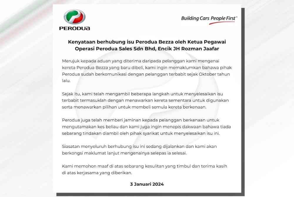 Kenyataan Perodua di Facebook pada Rabu.
