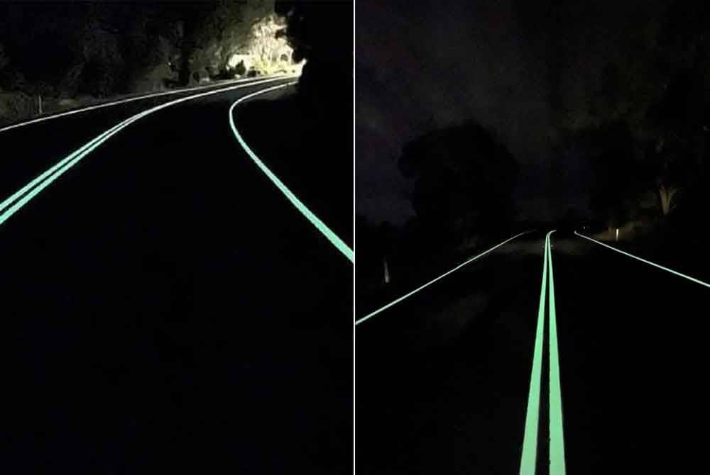 Garisan jalan teknologi cat bercahaya digunakan di Semenyih, Selangor dan Alor Setar, Kedah. - Foto media sosial.