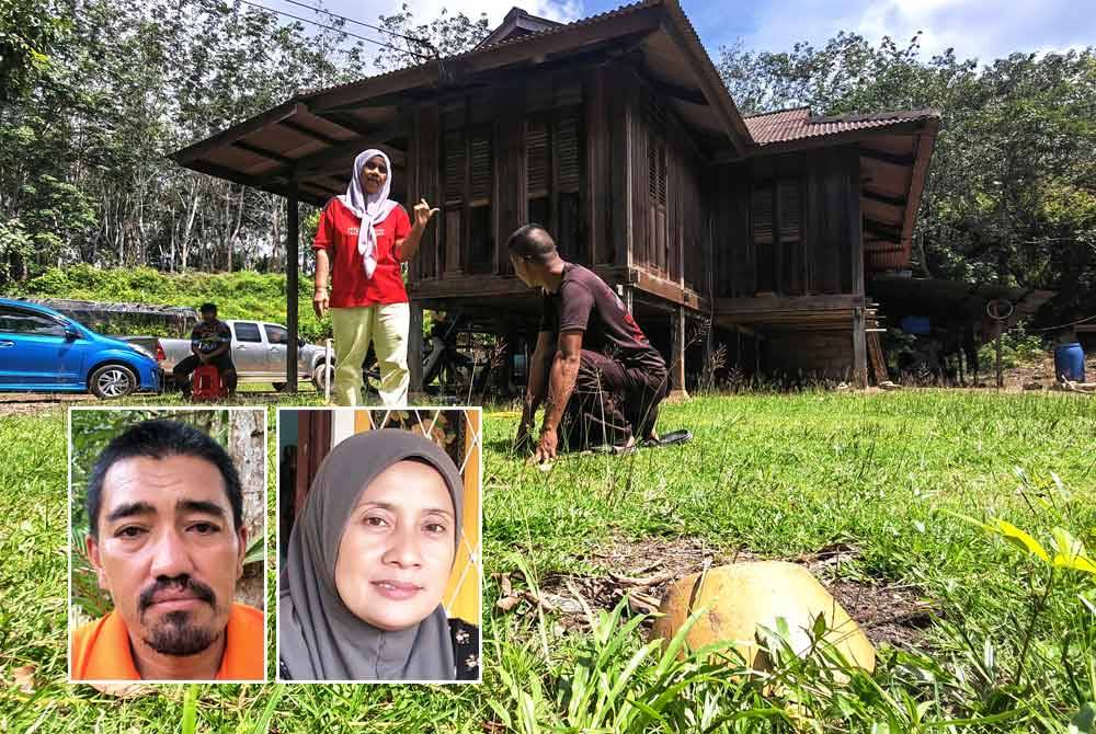 Haslinda menunjukkan posisi lembaga hitam yang dilihat di hadapan rumahnya. Gambar kecil dari kiri: Mohammad Sah, Marina