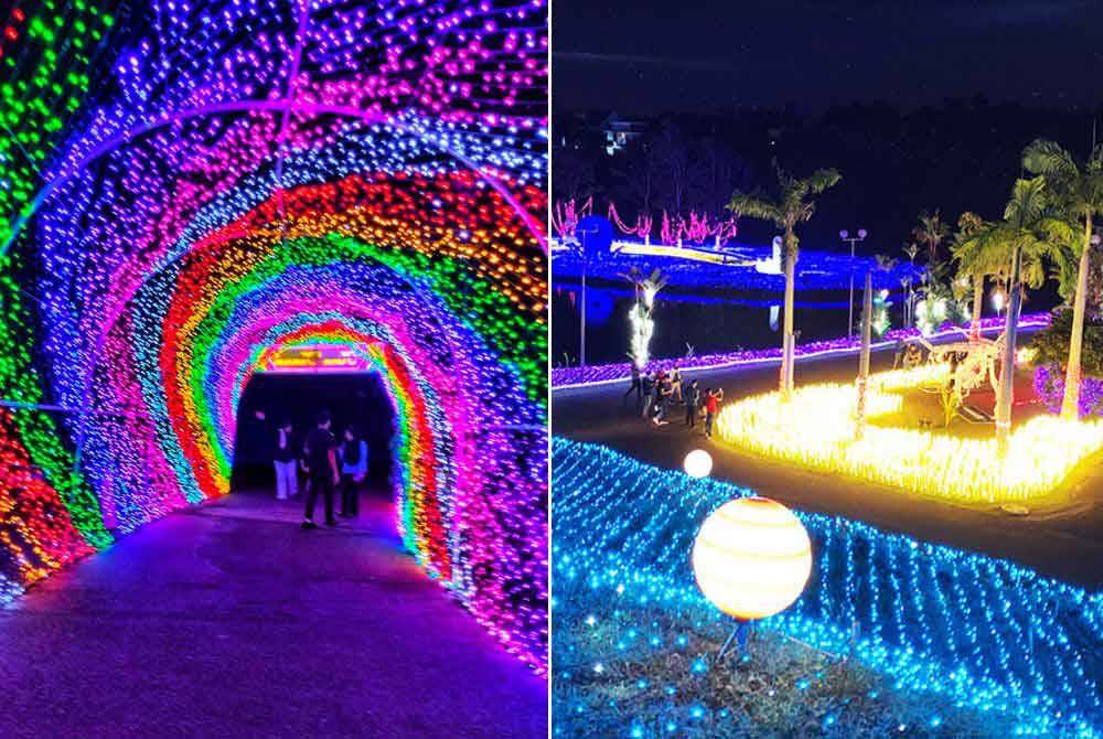 Suasana malam yang dihiasi pelbagai jenis cahaya lampu dan reka bentuk di Festival Luna Wonderland yang diadakan di Taman Tema dan Resort Melaka Wonderland, Ayer Keroh.