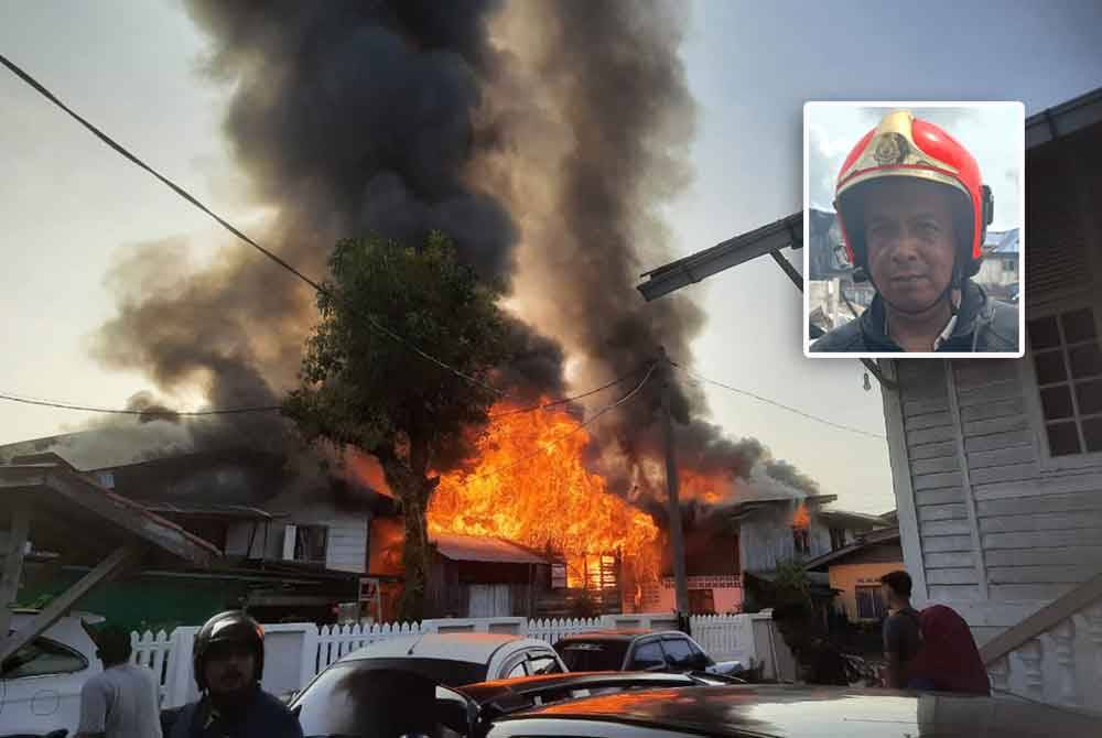 Keadaan kebakaran tujuh buat rumah di Kampung Sireh pada Jumaat. Gambar kecil: Zukeri
