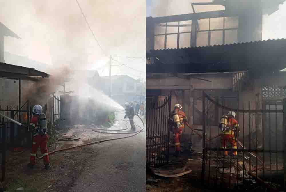 Pasukan bomba dan penyelamat memadam kebakaran di tiga buah rumah dalam kejadian kebakaran di Taman Jujur, Sikamat pada Ahad. - Foto: Bomba Negeri Sembilan