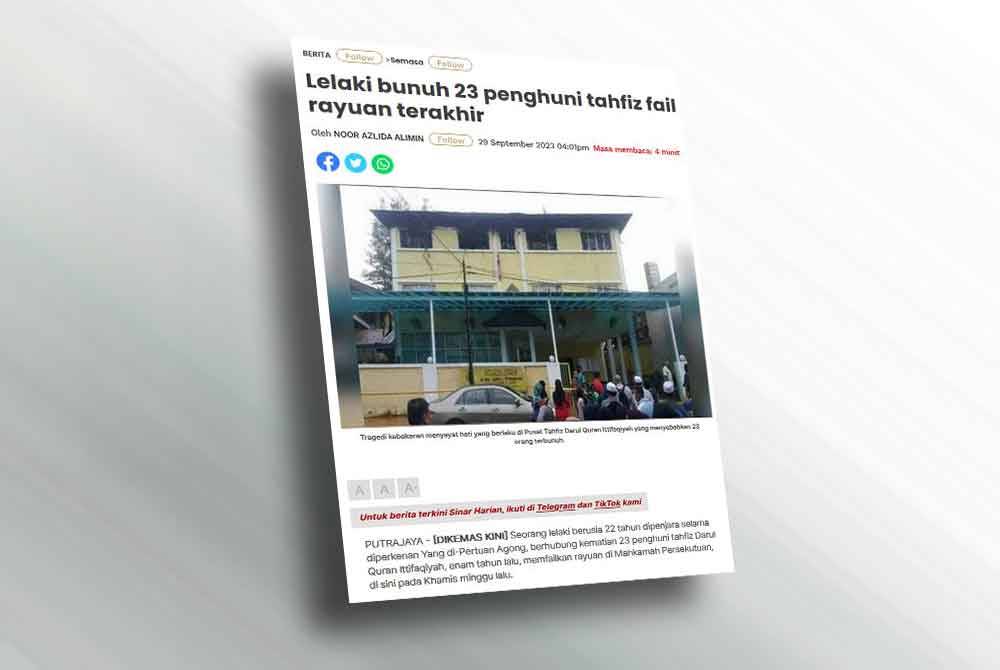 Mahkamah Persekutuan menjadualkan semula kepada 21 Mac depan, bagi mendengar rayuan pemuda berusia 22 tahun Mahkamah Persekutuan menjadualkan semula kepada 21 Mac depan, bagi mendengar rayuan pemuda berusia 22 tahun terhadap sabitan kesalahan membunuh 23 orang dalam kebakaran di Pusat Tahfiz Darul Quran Ittifaqiyah, pada 2017.