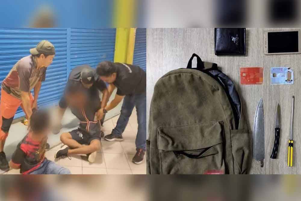 Polis turut merampas beberapa barang disyaki untuk kegunaan samun iaitu pisau, pemutar skru dan tukul selain beberapa barangan hasil daripada aktiviti samun. Foto ihsan PDRM