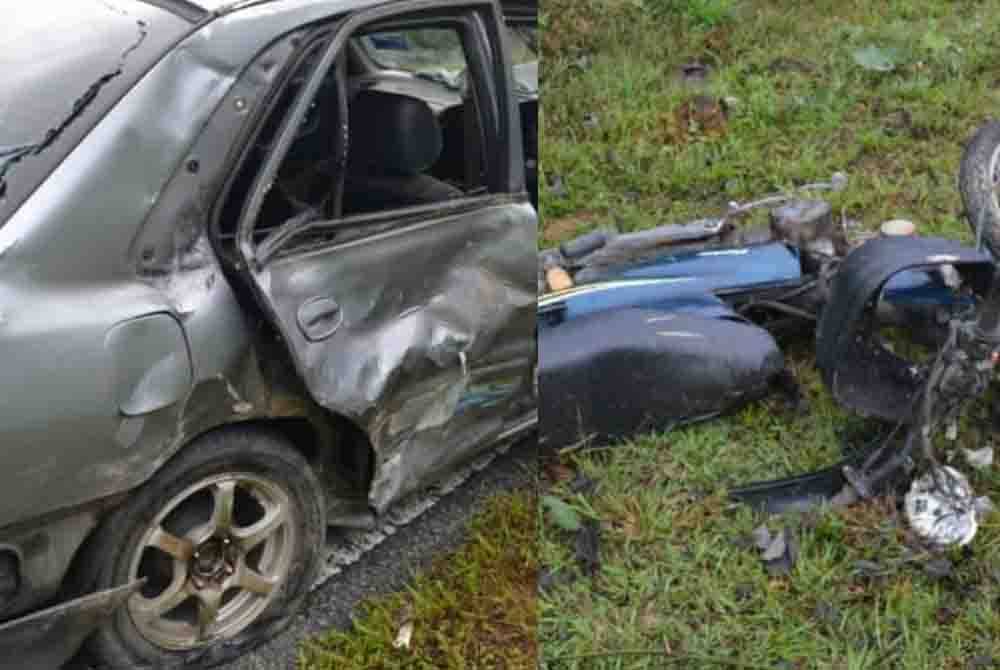Keadaan Proton Wira dan motosikal selepas terlibat kemalangan di Jalan Besar Pasoh 3, Jempol pada Selasa.
