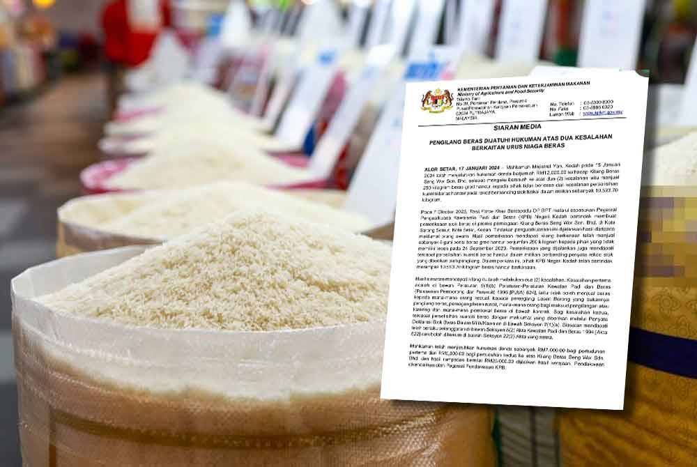 KPKM akan mengambil tindakan tegas terhadap pengilang yang didapati gagal mematuhi peraturan lesen sekali gus memberi kesan terhadap bekalan beras tempatan. - Gambar hiasan (Gamarbar kecil: Kenyataan media KPKM berhubung tindakan bakal dikenakan ke atas pengilang yang gagal mematuhi lesen.)