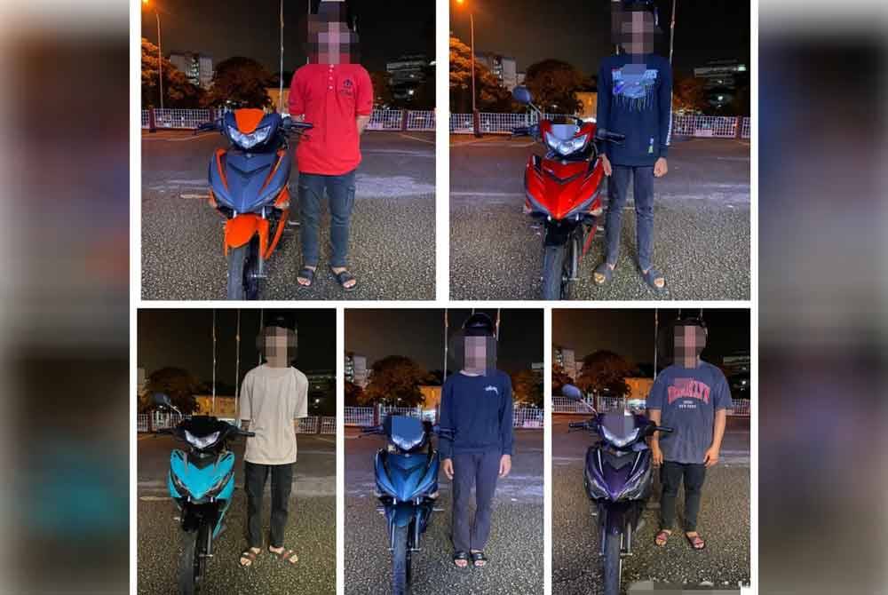 Lima penunggang yang ditahan dalam Op Samseng Jalanan di Lebuhraya Persekutuan, Shah Alam pada Sabtu.