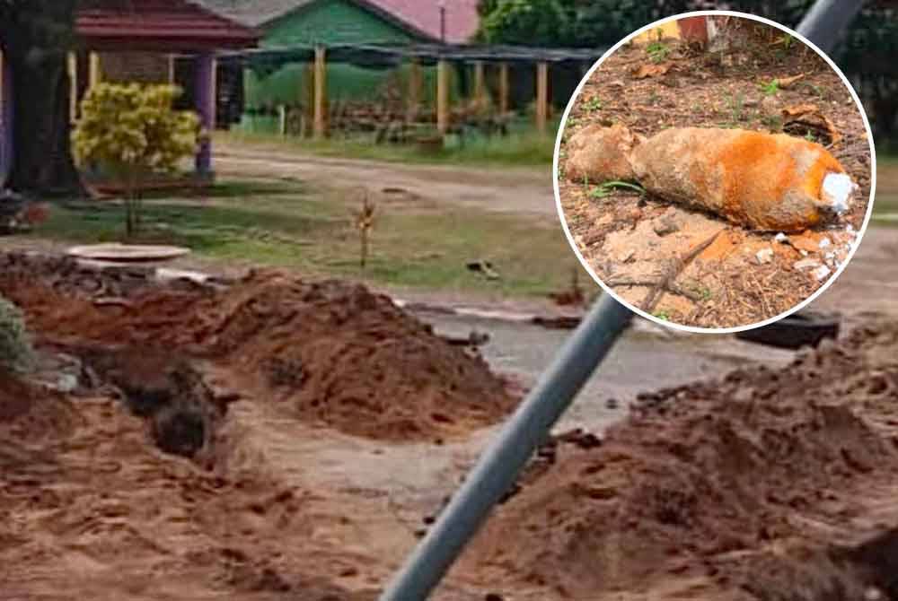 Lokasi bom ditemui di pekarangan pusat penjagaan dan perlindungan warga emas pada Sabtu. Gambar kecil: Bom lama UXO jenis mortar bomb ditemui di Pengkalan Chepa.