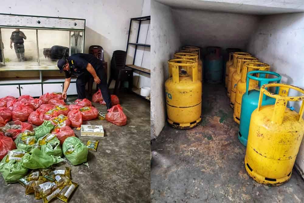 Antara minyak masak peket bersubsidi dan tong gas LPG yang dirampas dalam serbuan di dua premis di Kulim pada Ahad.
