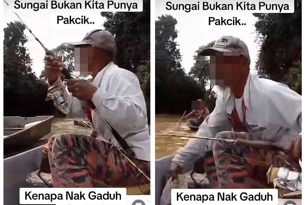 Seorang lelaki seolah-olah 'menyerang' orang lain yang memancing di sebuah sungai di Muar, Johor.