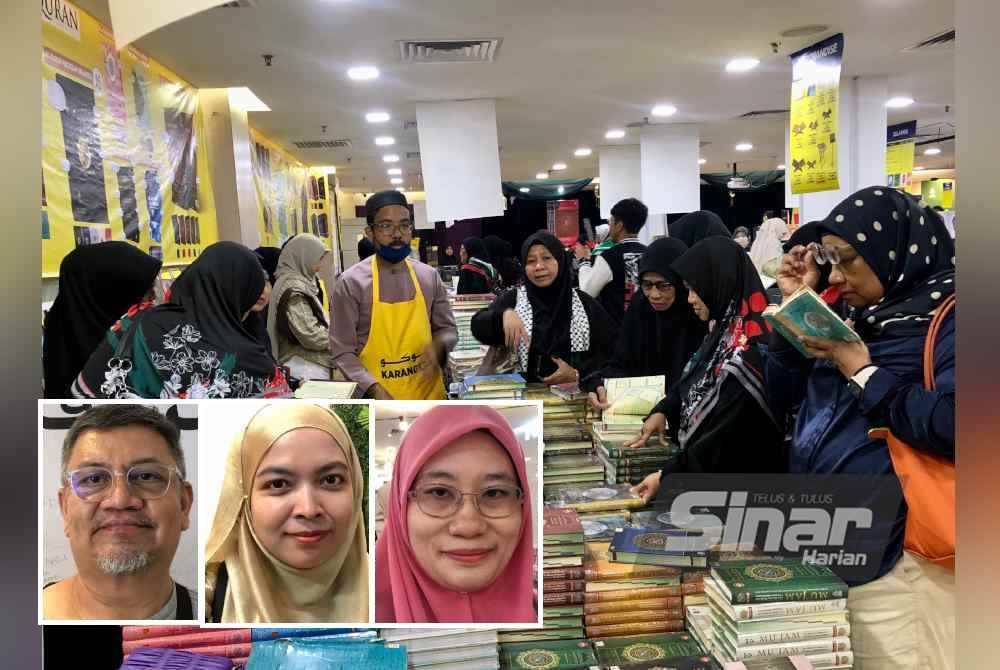 Staf Jualan Gudang Karangkraf 2024 (tengah) menerangkan harga al-Quran kepada pengunjung. Gambar kecil: Abdul Rahim, Nur Liyana, Hanidah