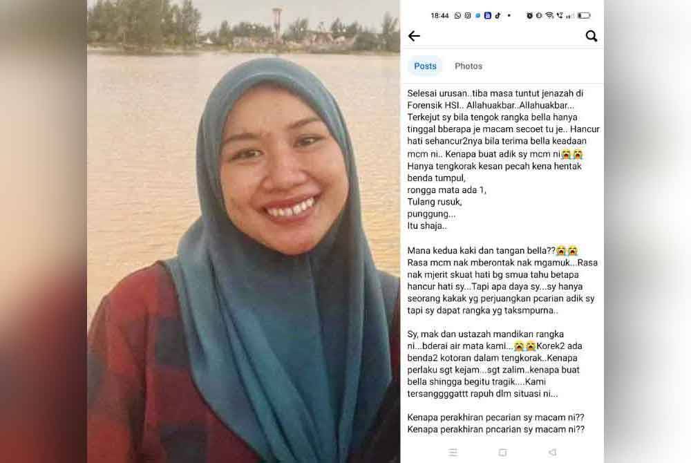 Mira Sharmila. Gambar kanan: Perkongsian kakak Bella di Facebooknya.