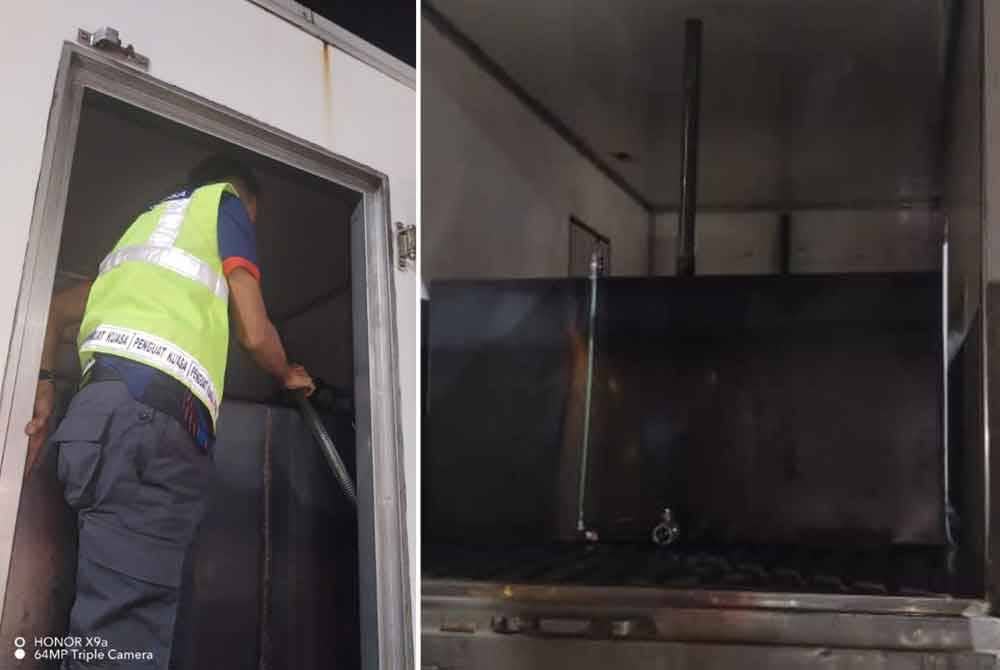 Anggota penguat kuasa KPDN Pahang melakukan pemeriksaan ke atas tangki minyak tambahan yang ditemui di bahagian muatan lori ditahan disyaki digunakan untuk aktiviti seleweng minyak diesel bersubsidi. Gambar kanan: Tangki minyak tambahan yang ditemui di bahagian muatan lori ditahan disyaki digunakan untuk aktiviti seleweng minyak diesel bersubsidi.