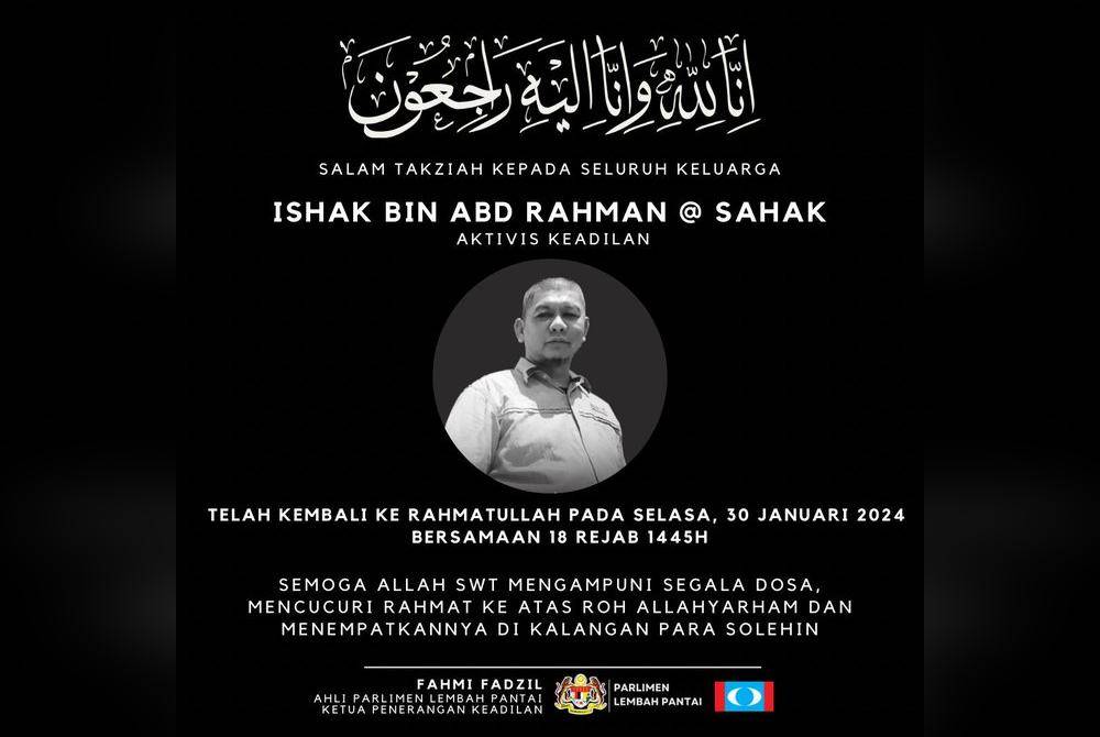 Fahmi mengucapkan takziah kepada keluarga Allahyarham Ishak Abd Rahman yang meninggal dunia akibat kemalangan motosikal.