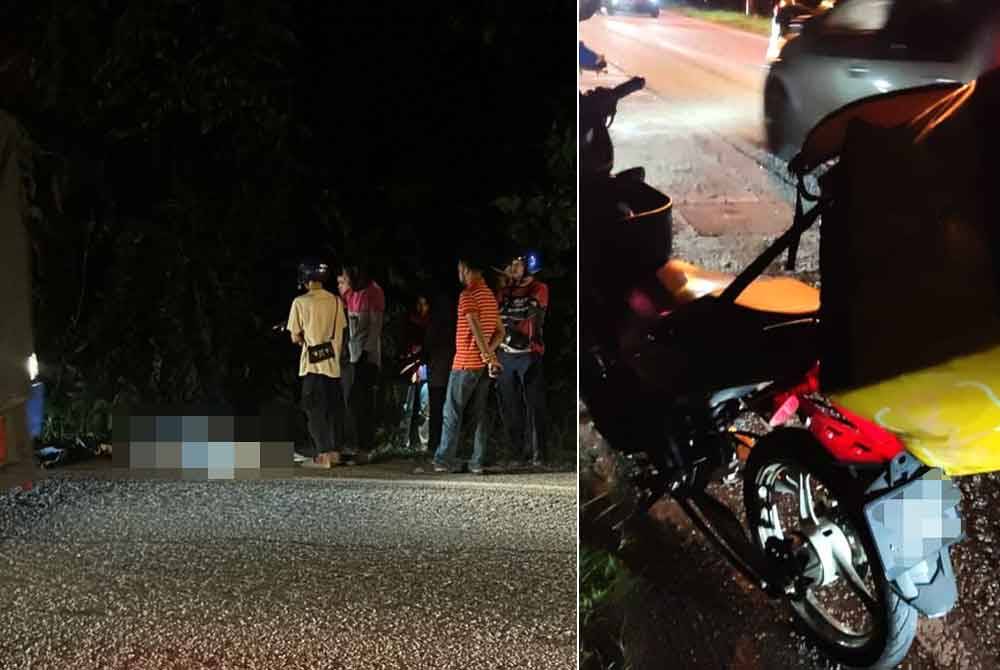 Seorang penghantar makanan p-hailing maut selepas motosikal ditunggang bertembung dengan sebuah motosikal lain dari arah bertentangan di Jalan Pajam-Mantin, di sini malam Selasa. Foto ihsan pembaca