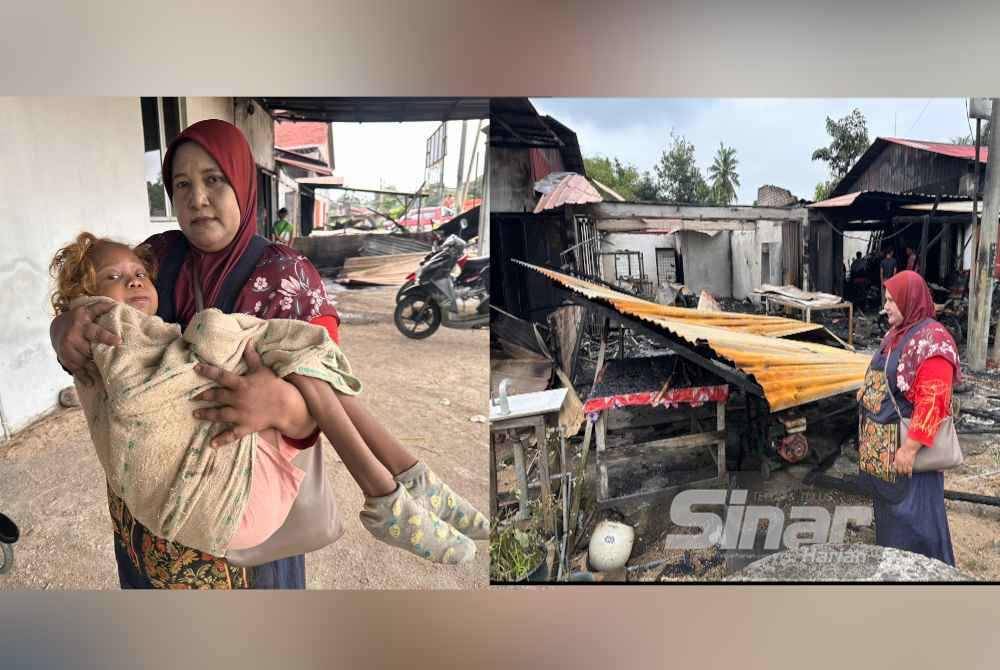 Asmiza menunjukkan semula cara dia mendukung Nur Hanis. Asmiza melihat kedai makan yang terbakar dalam kejadian di Kampung Biah, Perol, Kota Bharu pada Khamis.
