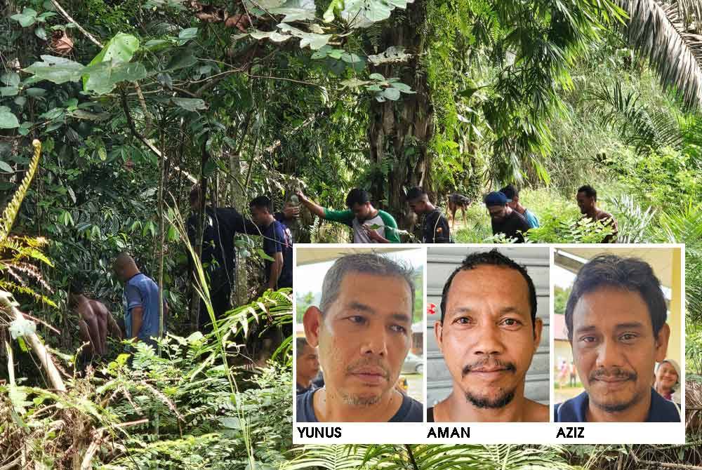 Mohamad Yunus bersama penduduk mengiringi keluar empat tahanan yang ditemukan dalam hutan berhampiran perkampungan Orang Asli, Kampung Sanding, Bidor.