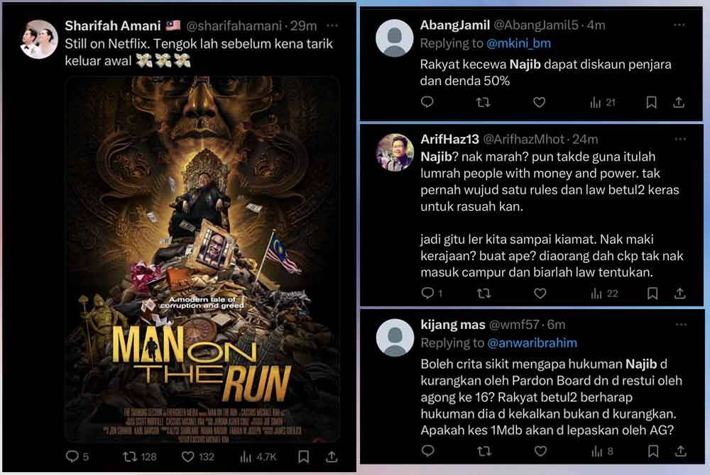 Poster dokumentari 'Man on the Run' yang ditayangkan dalam perkhidmatan penstriman Netflix turut dimuat naik di aplikasi X