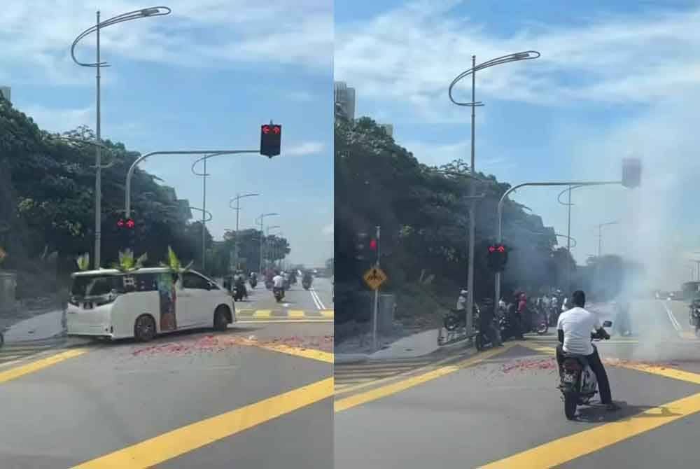 Tangkap layar sebuah video tular menunjukkan mercun dibakar di tengah jalan raya di Kayu Ara, Petaling Jaya, Selangor oleh sekumpulan individu menaiki MPV Vellfire.