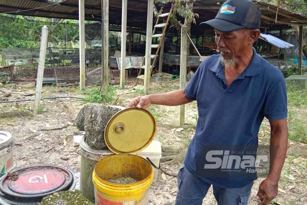 Samsul Bahari menunjukkan umpan Tapa yang dibuatnya.